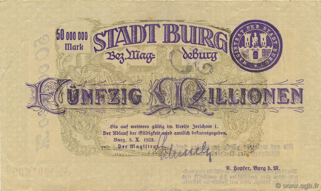 50 Millions Mark ALLEMAGNE Burg 1923  TTB