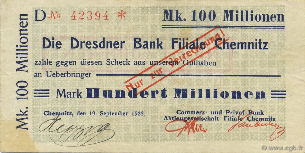 100 Millions Mark ALLEMAGNE Chemnitz 1923  TTB