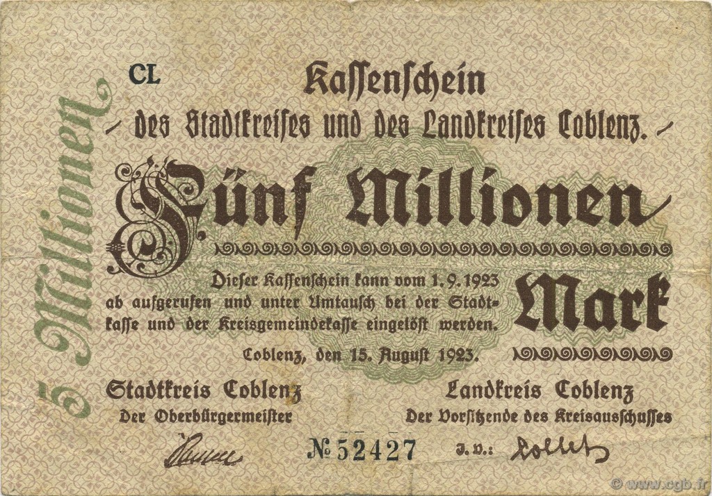 5 Millions Mark ALLEMAGNE Coblenz 1923  TTB