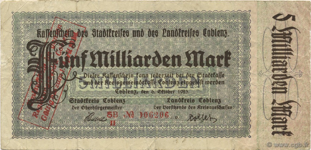 5 Milliards Mark ALLEMAGNE Coblenz 1923  TTB