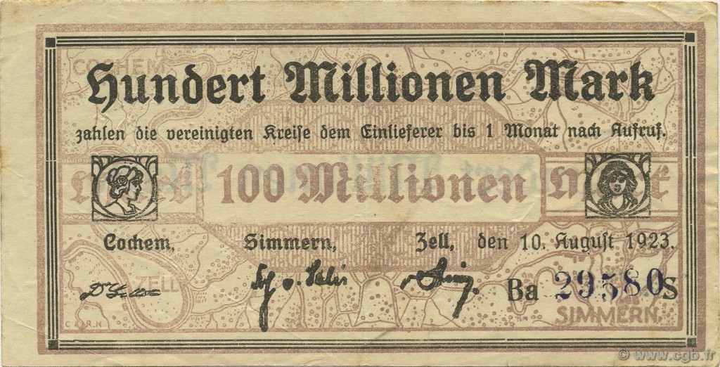 100 Millions Mark ALLEMAGNE Cochem-Simmern-Zell 1923  TTB