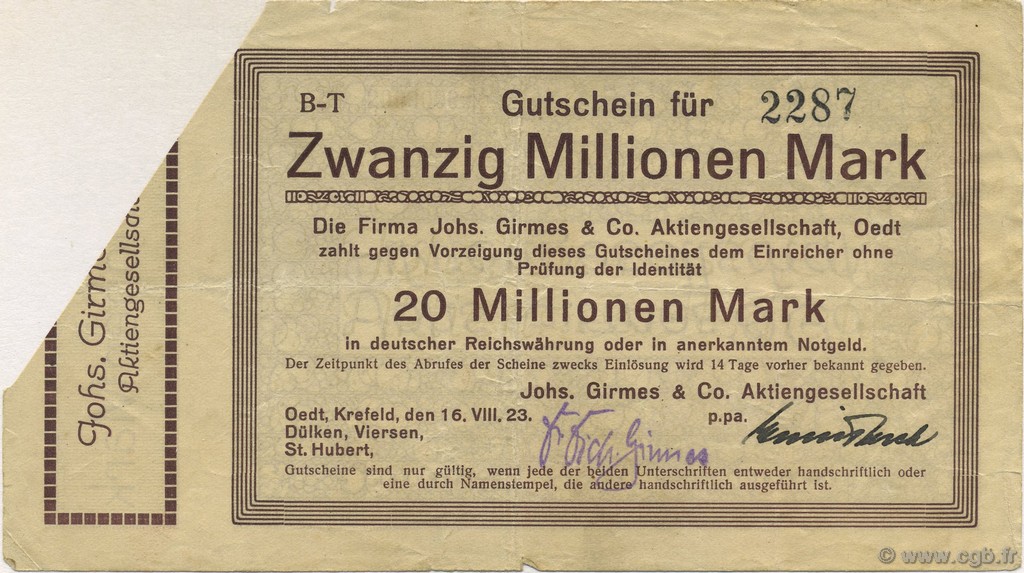 20 Millions Mark Annulé ALLEMAGNE Crefeld 1923  TB+