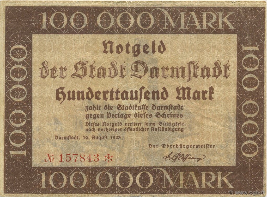 100000 Mark ALLEMAGNE Darmstadt 1923  TTB