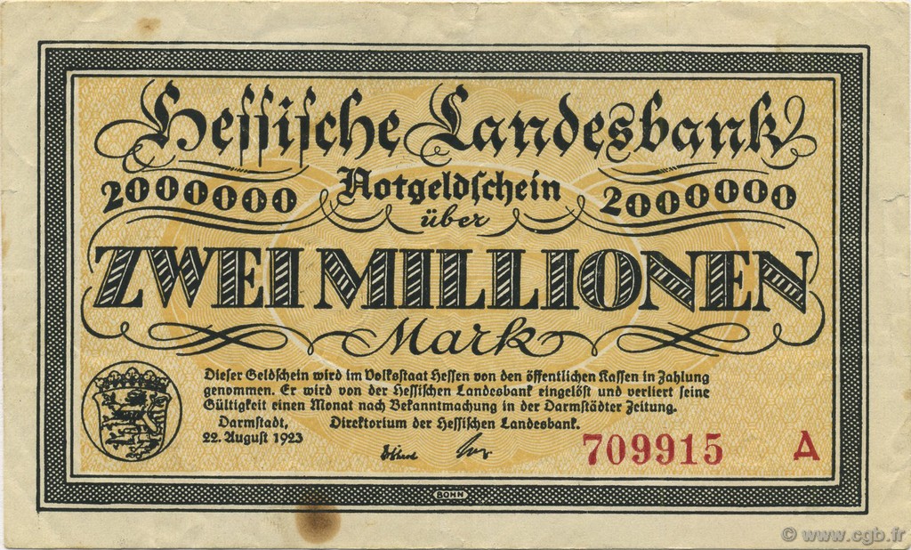 2 Millions Mark GERMANY Darmstadt 1923  VF