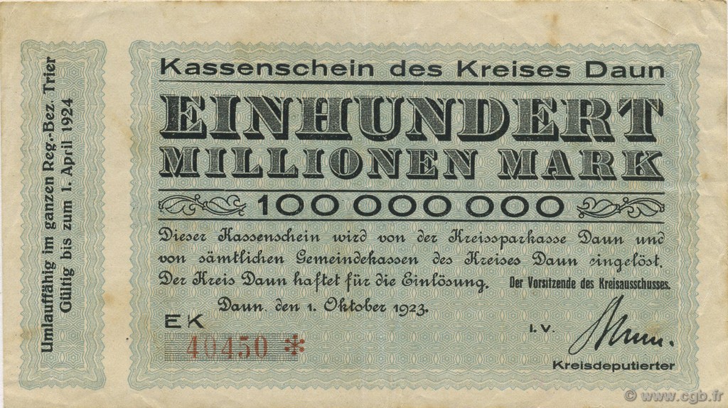 100 Millions Mark ALLEMAGNE Daun 1923  TTB