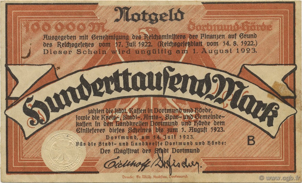100000 Mark ALLEMAGNE Dortmund 1923  TTB