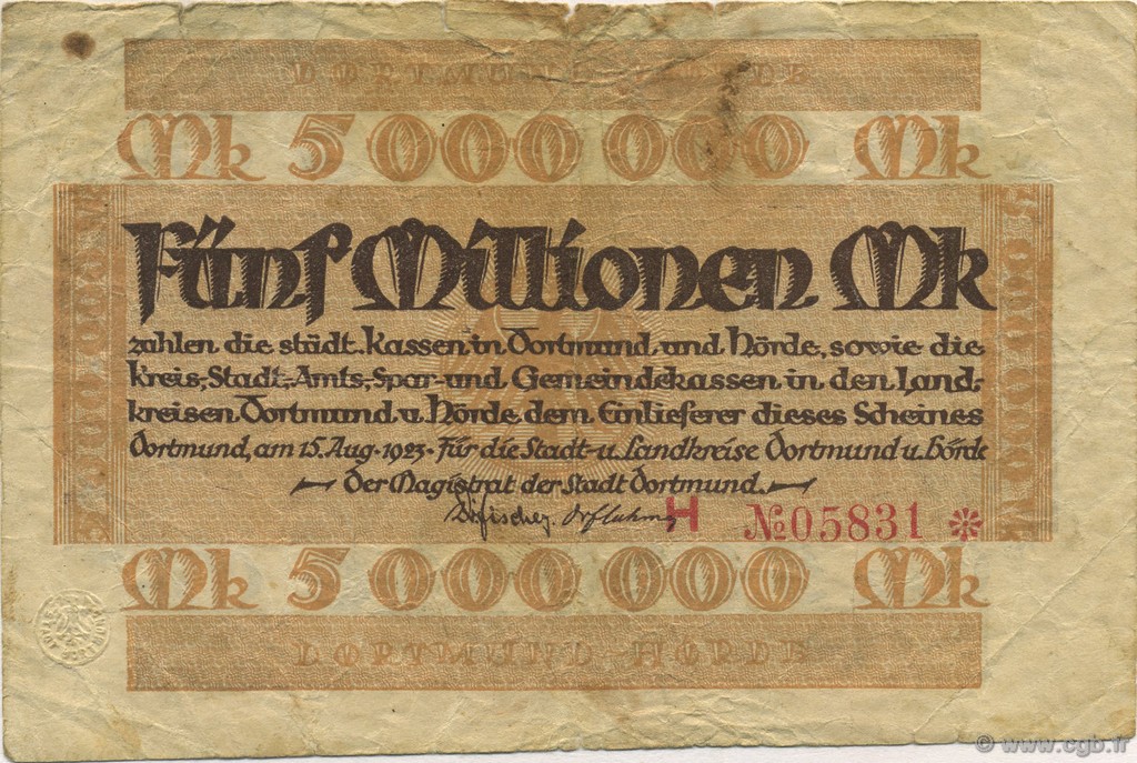 5 Millions Mark ALLEMAGNE Dortmund 1923  TB