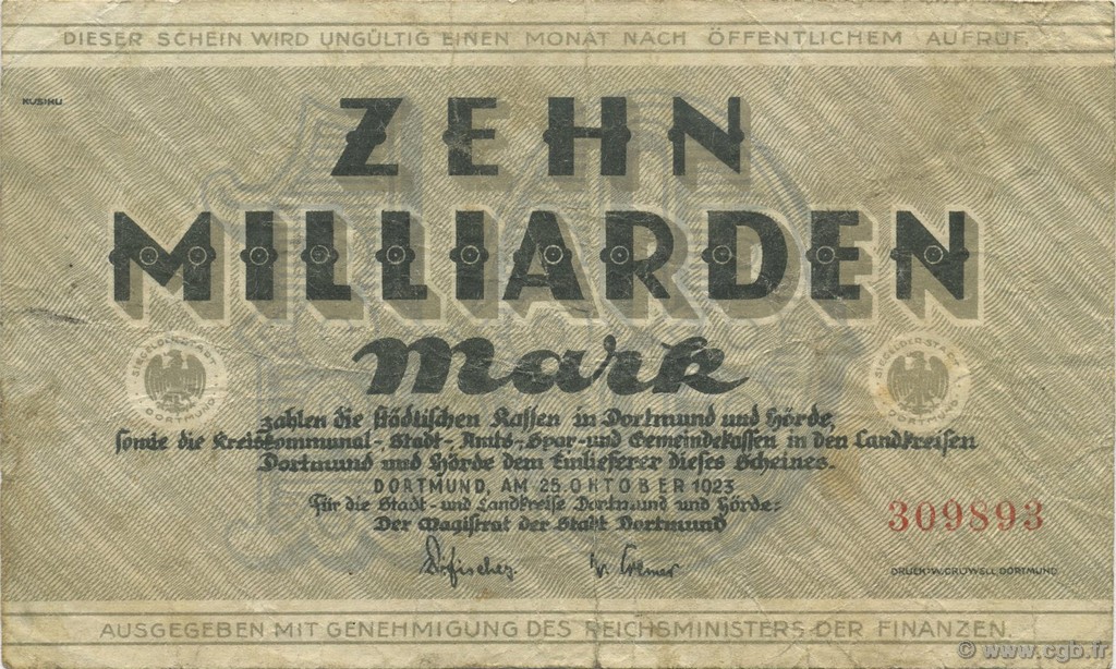 10 Milliards Mark GERMANY Dortmund 1923  VF-