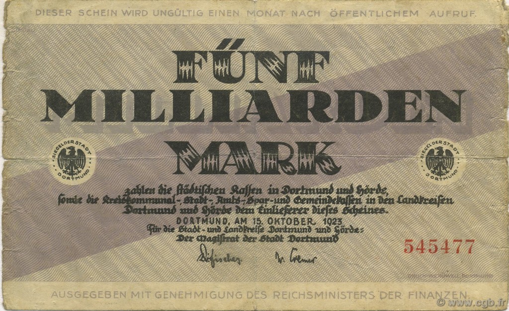 5 Milliards Mark ALLEMAGNE Dortmund 1923  TB