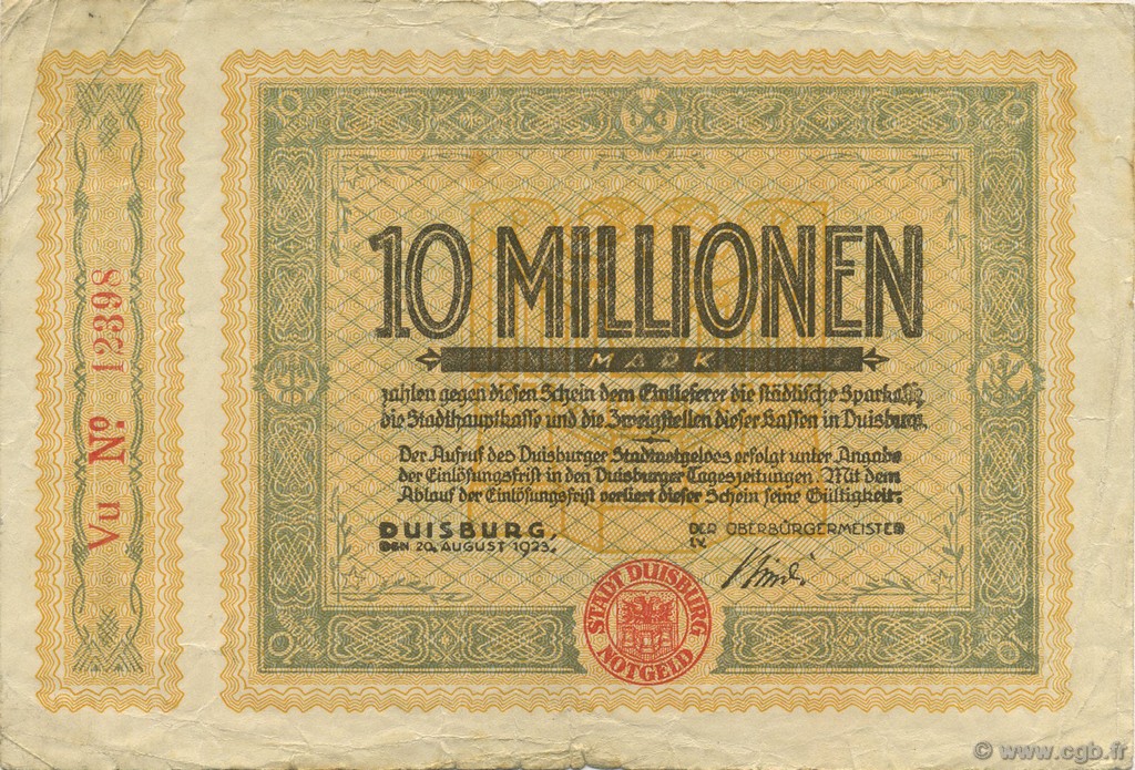 10 Millions Mark ALLEMAGNE Duisburg 1923  TB