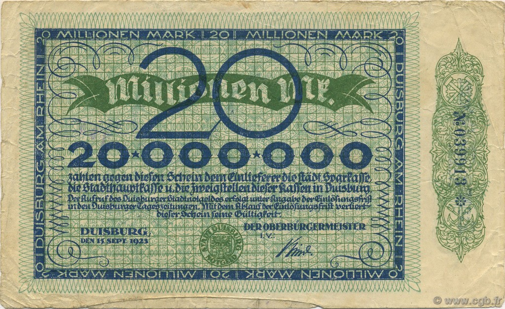 20 Millions Mark ALLEMAGNE Duisburg 1923  TB