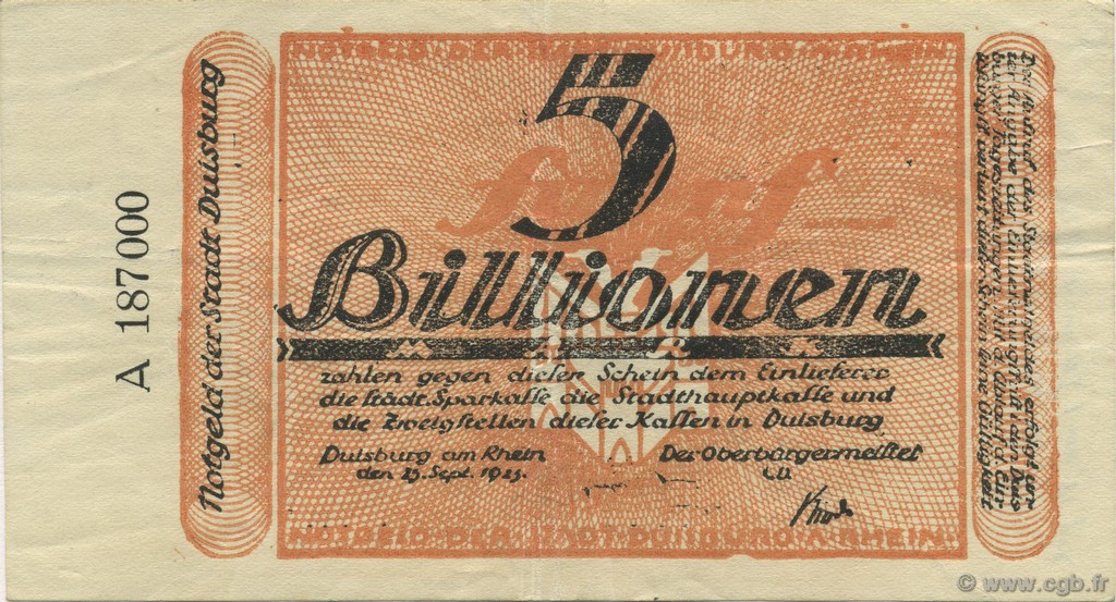 5 Billions Mark ALLEMAGNE Duisburg 1923  TTB+