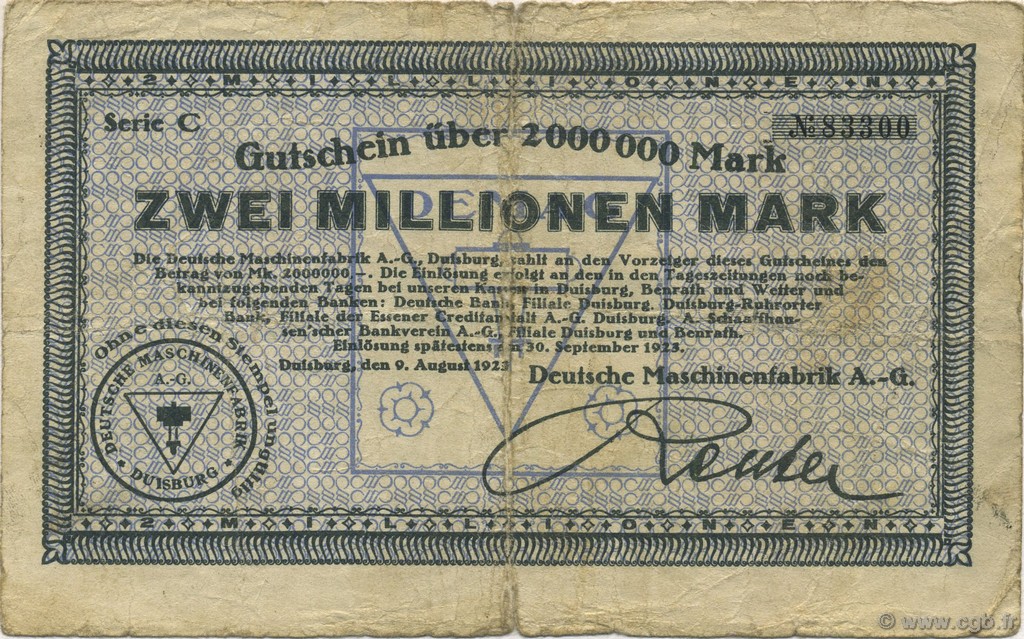 2 Millions Mark ALLEMAGNE Duisburg 1923  B+