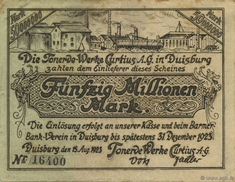 50 Millions Mark ALLEMAGNE Duisburg 1923  TTB