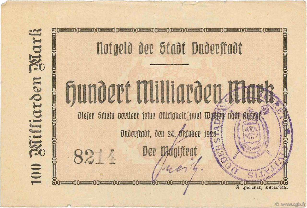 100 Milliards Mark ALLEMAGNE Duderstadt 1923  TTB