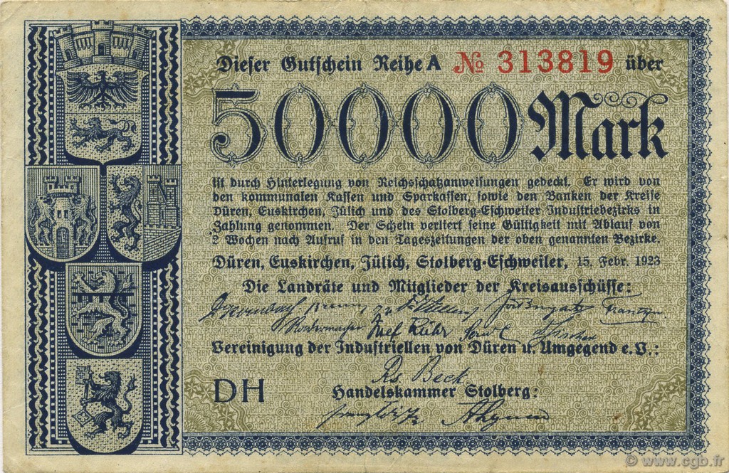 50000 Mark ALLEMAGNE Düren 1923  TTB