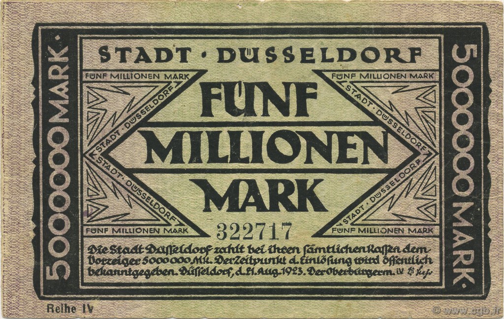 5 Millions Mark ALLEMAGNE Düsseldorf 1923  TTB