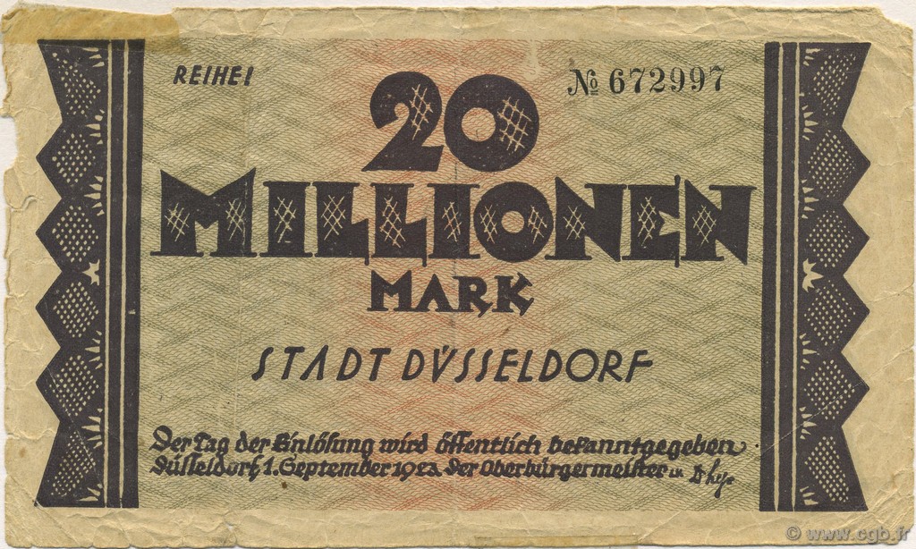 20 Millions Mark ALLEMAGNE Düsseldorf 1923  B