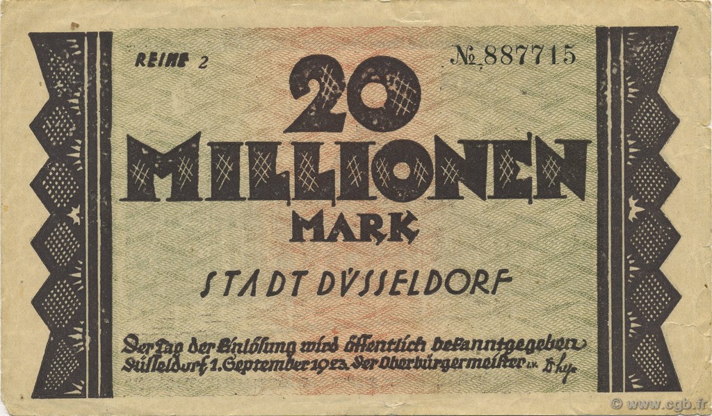 20 Millions Mark ALLEMAGNE Düsseldorf 1923  pr.TTB