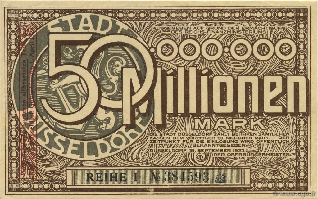 50 Millions Mark ALLEMAGNE Düsseldorf 1923  SUP+