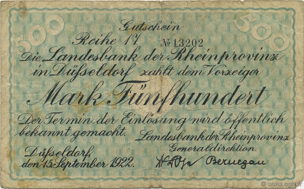 500 Mark ALLEMAGNE Düsseldorf 1922  TB