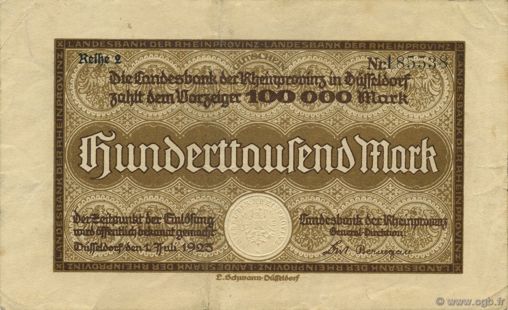 100000 Mark GERMANY Düsseldorf 1923  VF