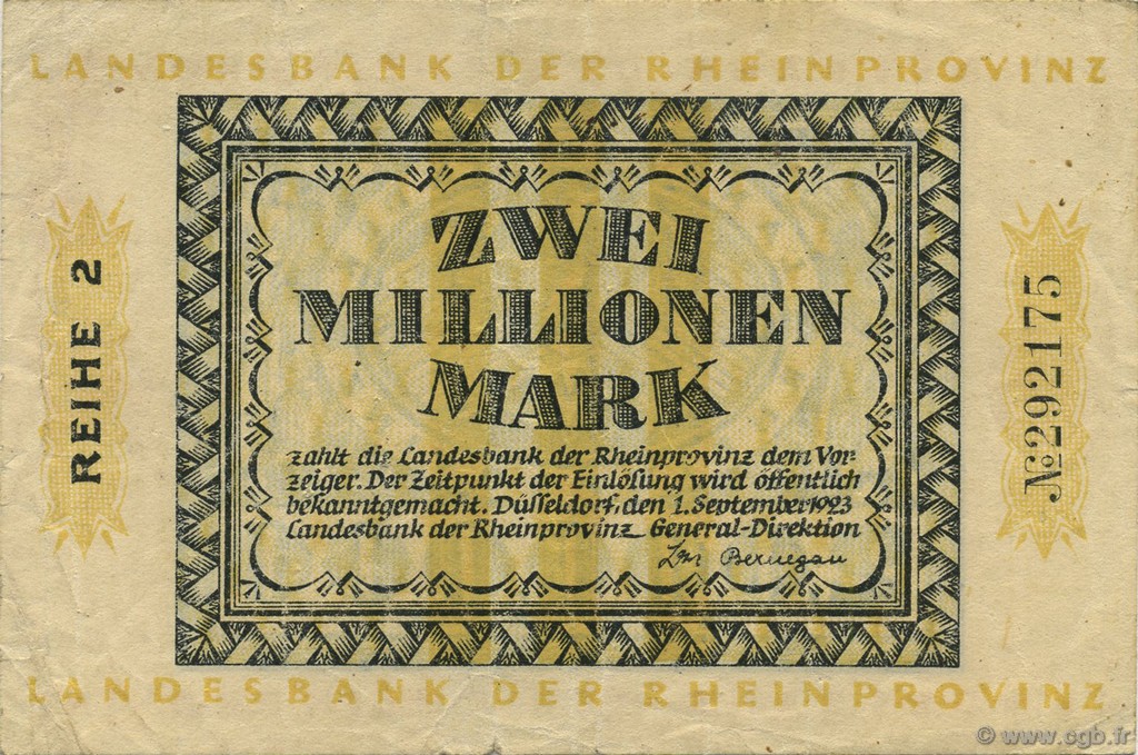 2 Millions Mark ALLEMAGNE Düsseldorf 1923  TTB