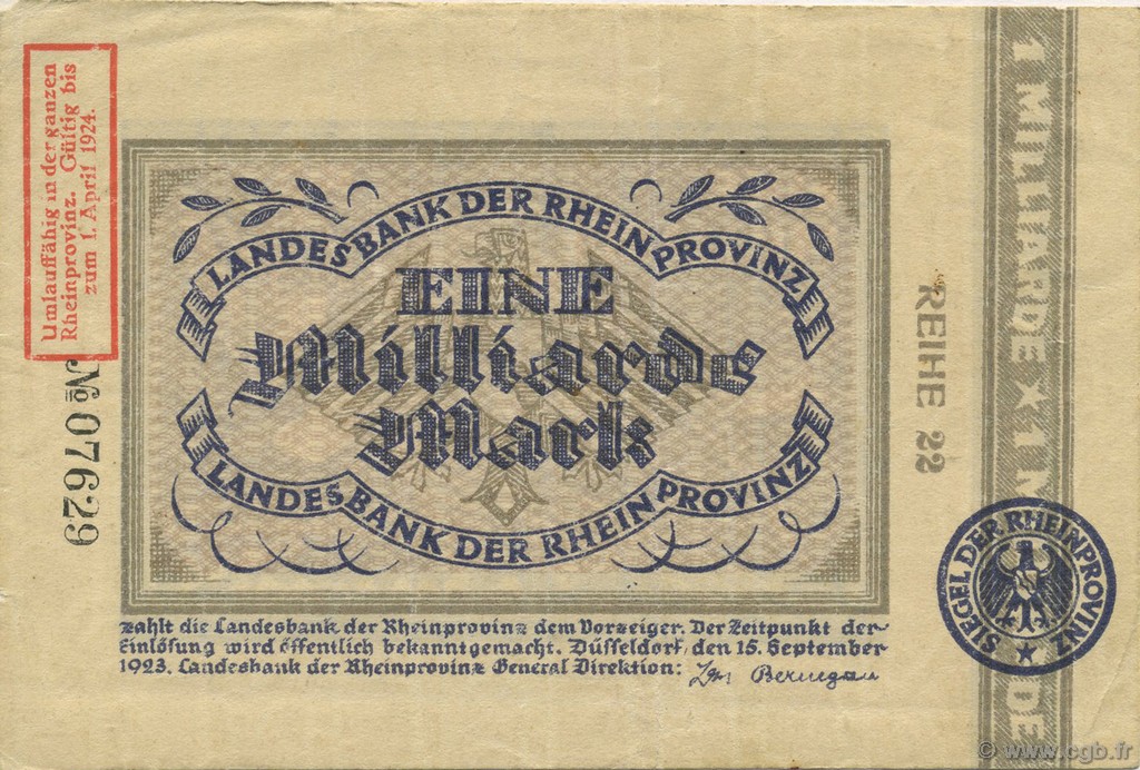 1 Milliard Mark ALLEMAGNE Düsseldorf 1923  TTB