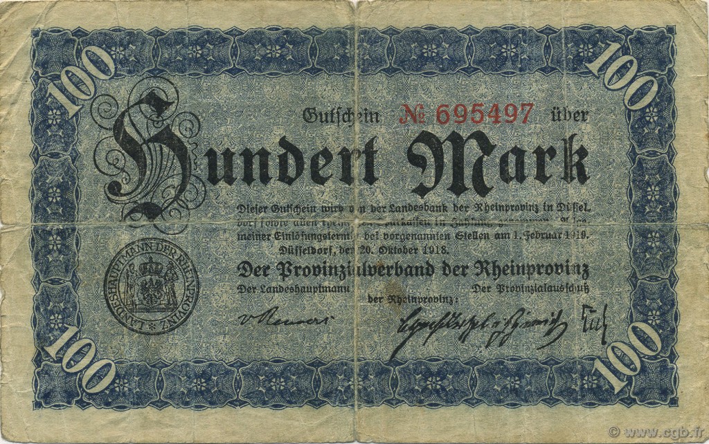 100 Mark ALLEMAGNE Düsseldorf 1918  B+