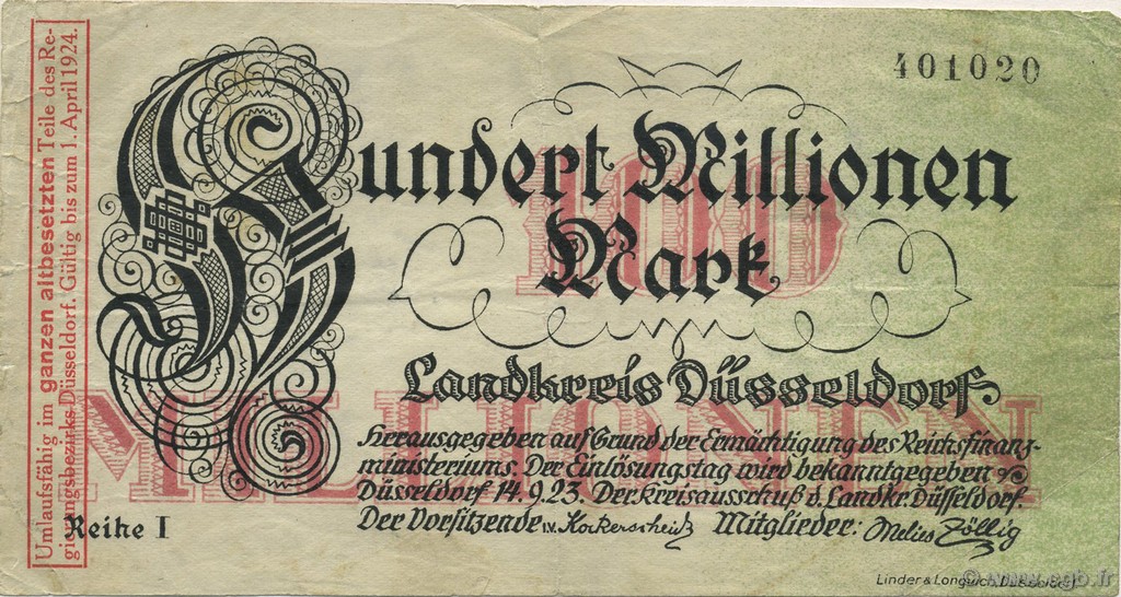 100 Millions Mark ALLEMAGNE Düsseldorf 1923  TTB
