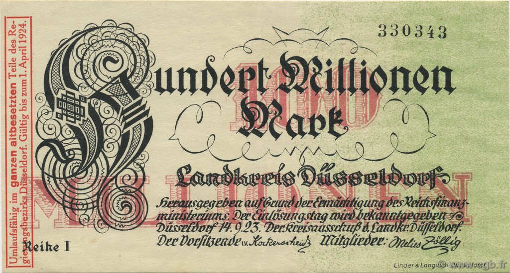 100 Millions Mark GERMANY Düsseldorf 1923  AU-