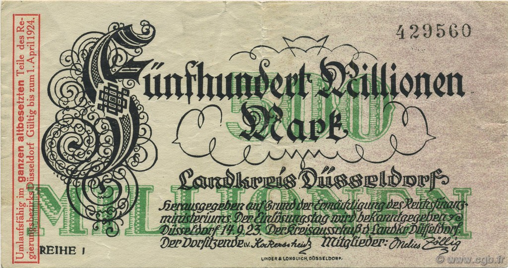 500 Millions Mark GERMANY Düsseldorf 1923  VF