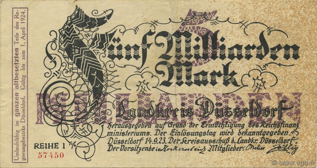5 Milliards Mark ALLEMAGNE Düsseldorf 1923  TTB