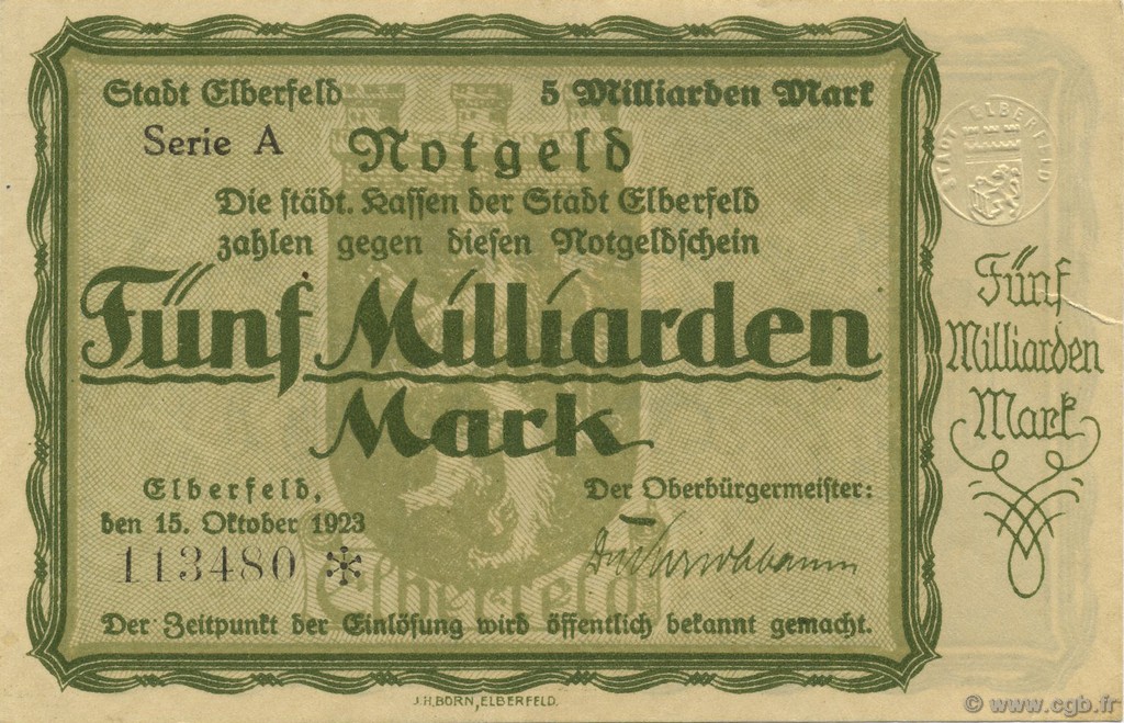 5 Milliards Mark ALLEMAGNE Elberfeld 1923  SUP
