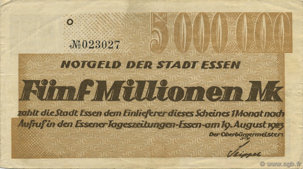 5 Millions Mark ALLEMAGNE Essen 1923  TTB