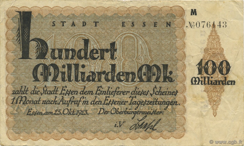 100 Milliards Mark GERMANY Essen 1923  VF-