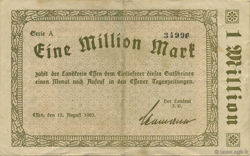 1 Million Mark ALLEMAGNE Essen 1923  TTB