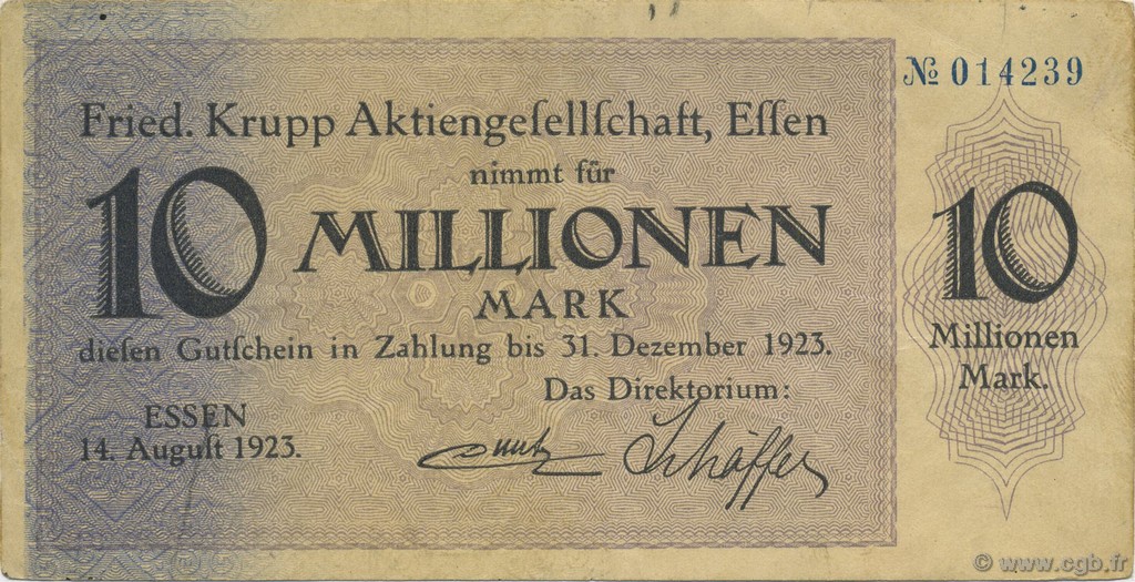 10 Millions Mark GERMANY Essen 1923  VF