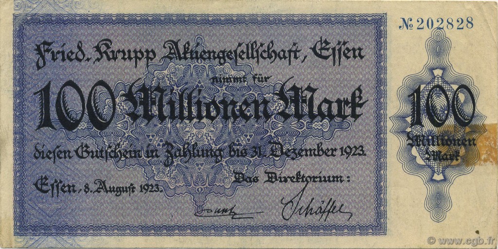 100 Millions Mark ALLEMAGNE Essen 1923  TTB
