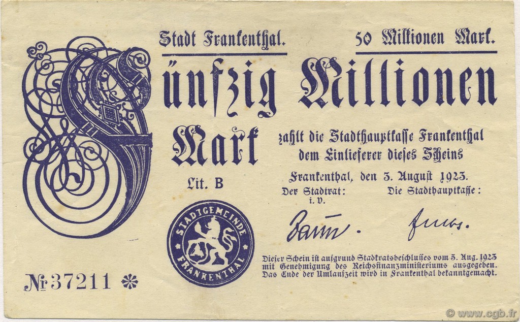 50 Millions Mark GERMANY Frankenthal 1923  VF+