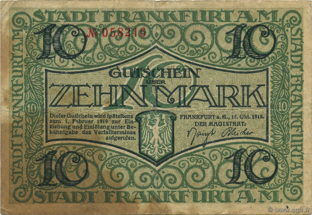 10 Mark ALLEMAGNE Frankfurt Am Main 1918  TB