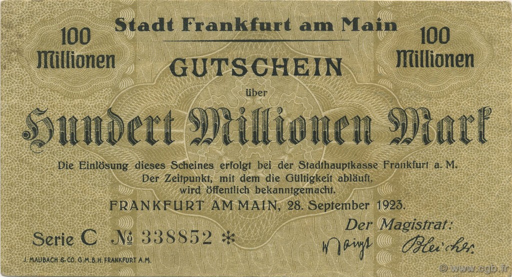 100 Millions Mark ALLEMAGNE Frankfurt Am Main 1923  TTB