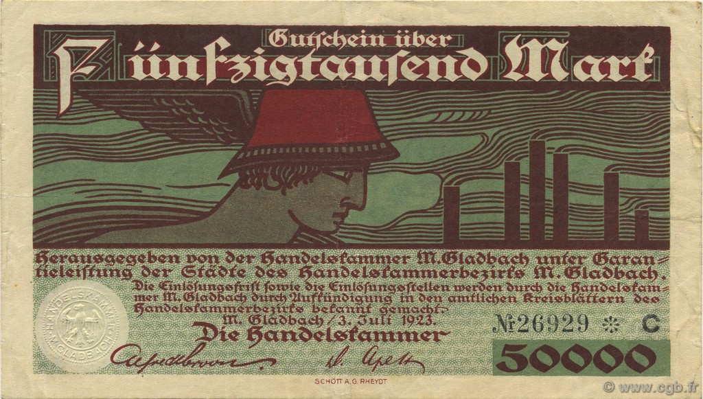 50000 Mark ALLEMAGNE Gladbach 1923  TTB