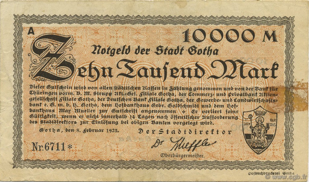10000 Mark ALLEMAGNE Gotha 1923  TTB
