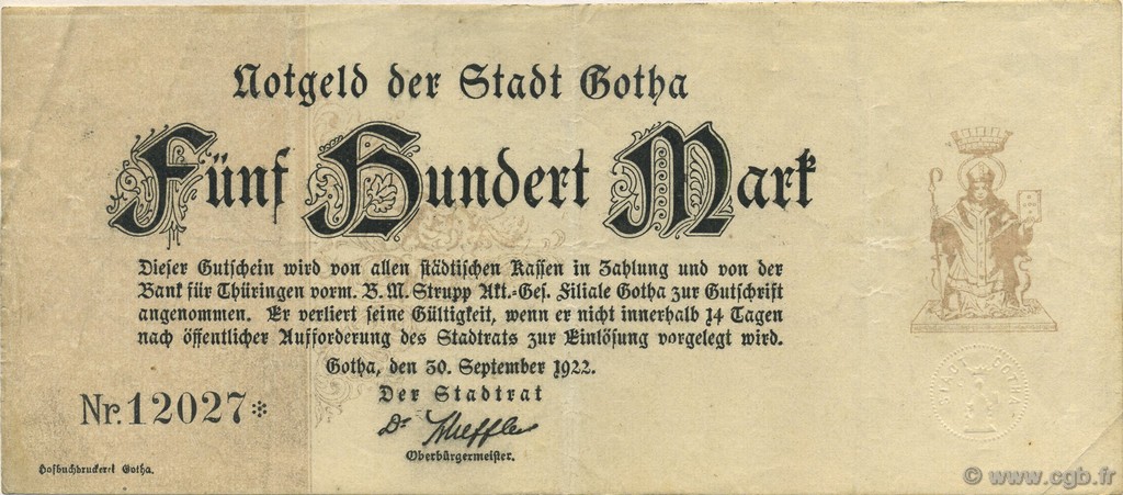 500 Mark GERMANY Gotha 1922  VF