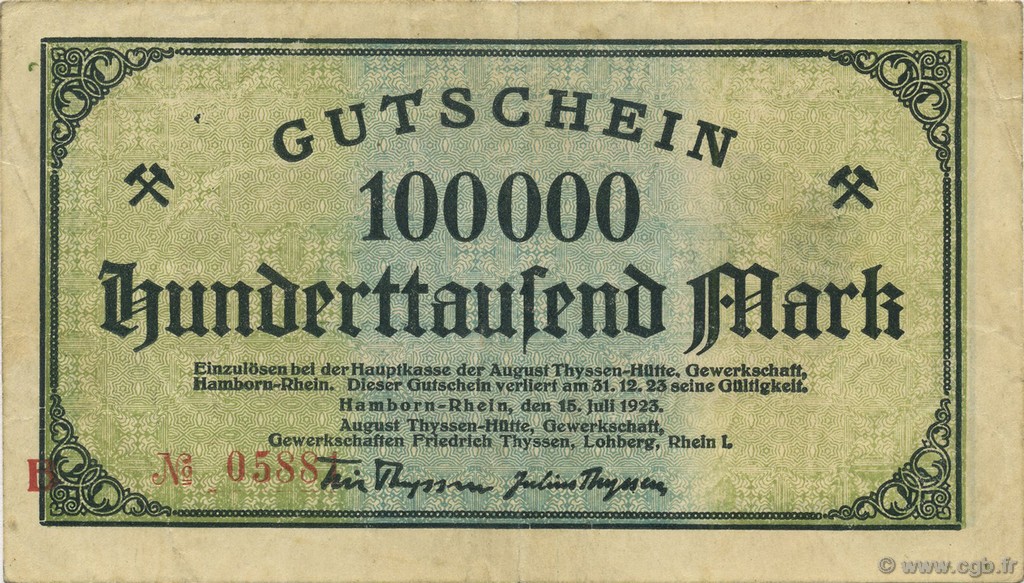 100000 Mark GERMANY Hamborn Am Rhein 1923  VF