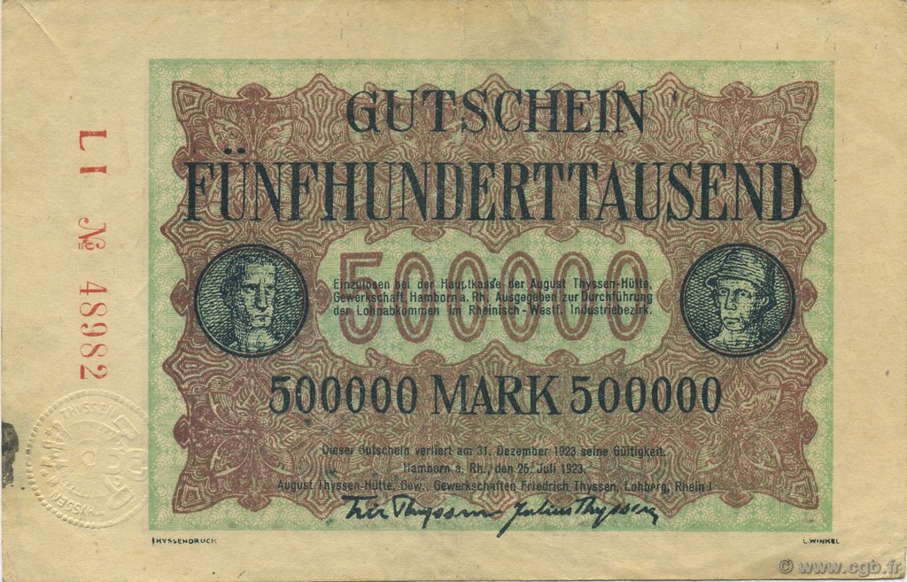 500000 Mark GERMANY Hamborn Am Rhein 1923  VF