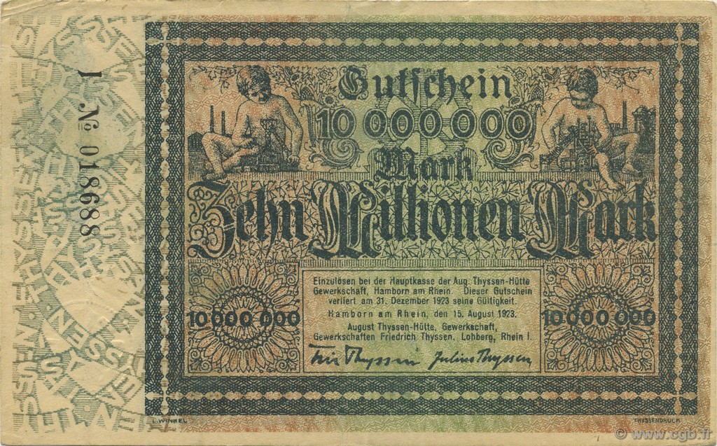 10 Millions Mark ALLEMAGNE Hamborn Am Rhein 1923  TTB+