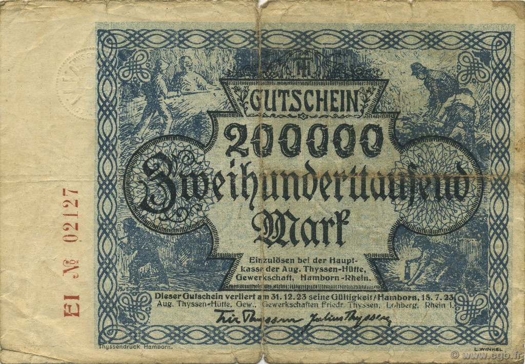 200000 Mark ALLEMAGNE Hamborn Am Rhein 1923  TB