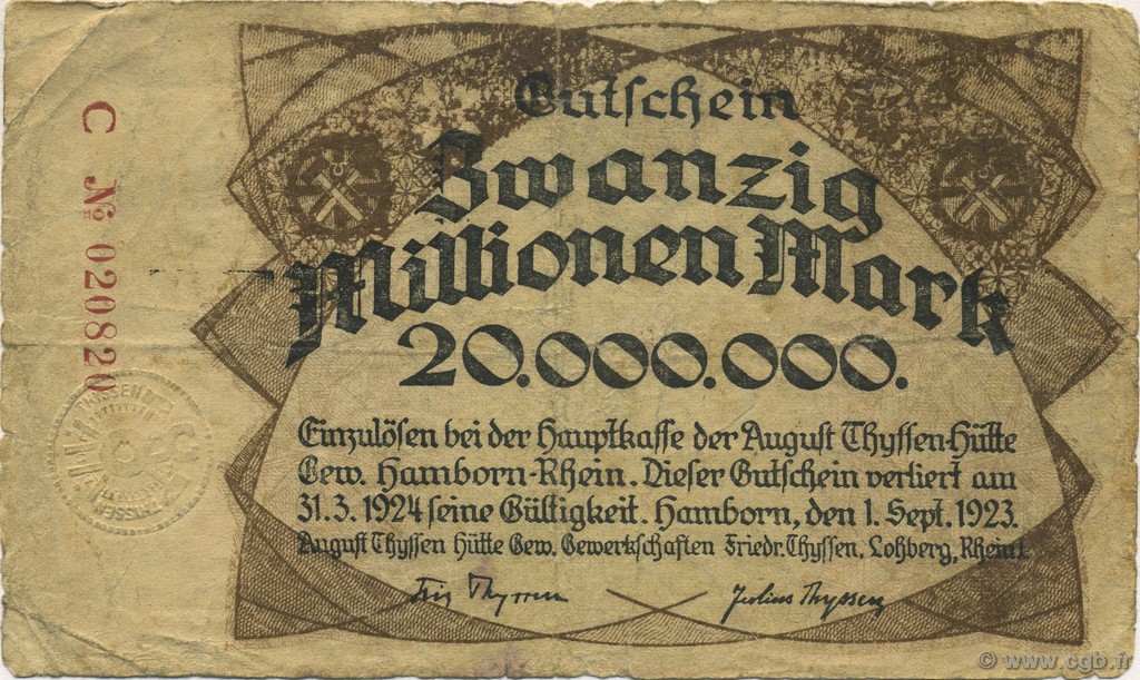 20 Millions Mark GERMANY Hamborn Am Rhein 1923  VG